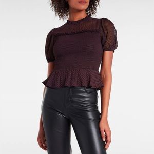 Express Polka Dot Smocked Peplum Top in Dark Purple